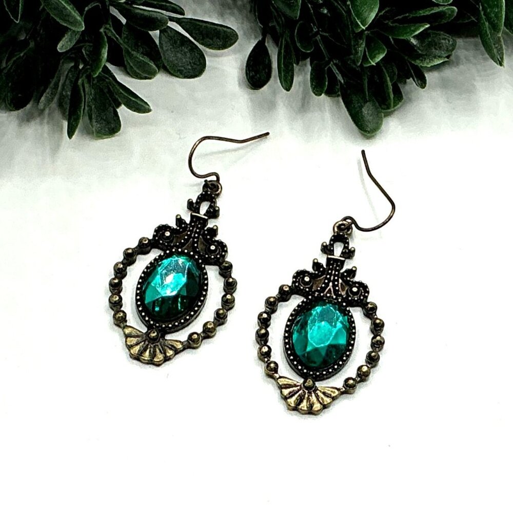 Vintage Style Bronze and Teal Green Resin Dangle Earrings